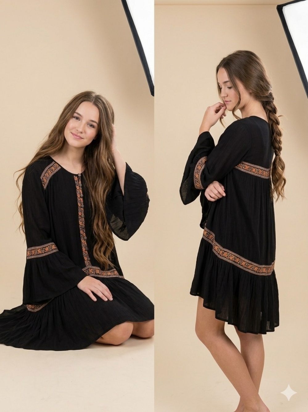 Ecote Anthropologie Black Boho Bell Sleeve Dress Hi-Low Floral Border Size L